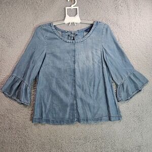Blue Rain Top Blouse Women Small Bows Back Ruffle‎ Sleeve - S